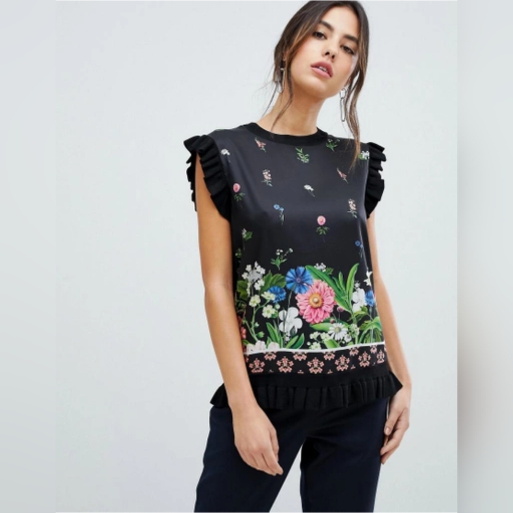 Ted Baker Myshell Florence Sleeves Ruffle Black Floral Top Size 8 (TB 3) - Picture 2 of 10